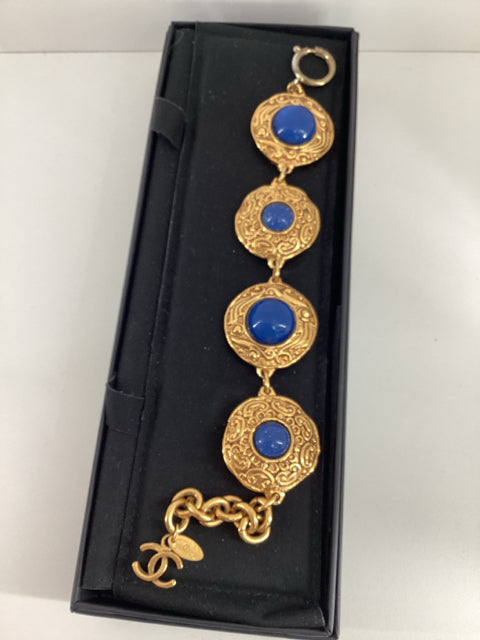 Vintage Chanel Blue & Gold Baroque bracelet 4-blue Gripoix glass cabochons IN BOX Bracelet