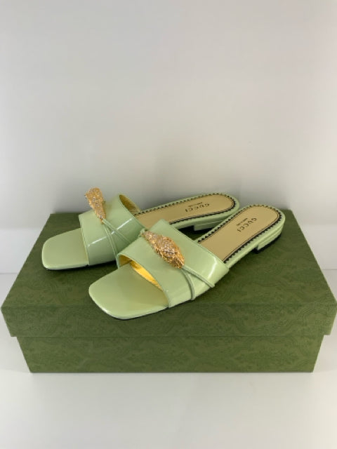 NIB Gucci Sz 36 Pistachio Leather w/ Regent Tiger Slides Shoes