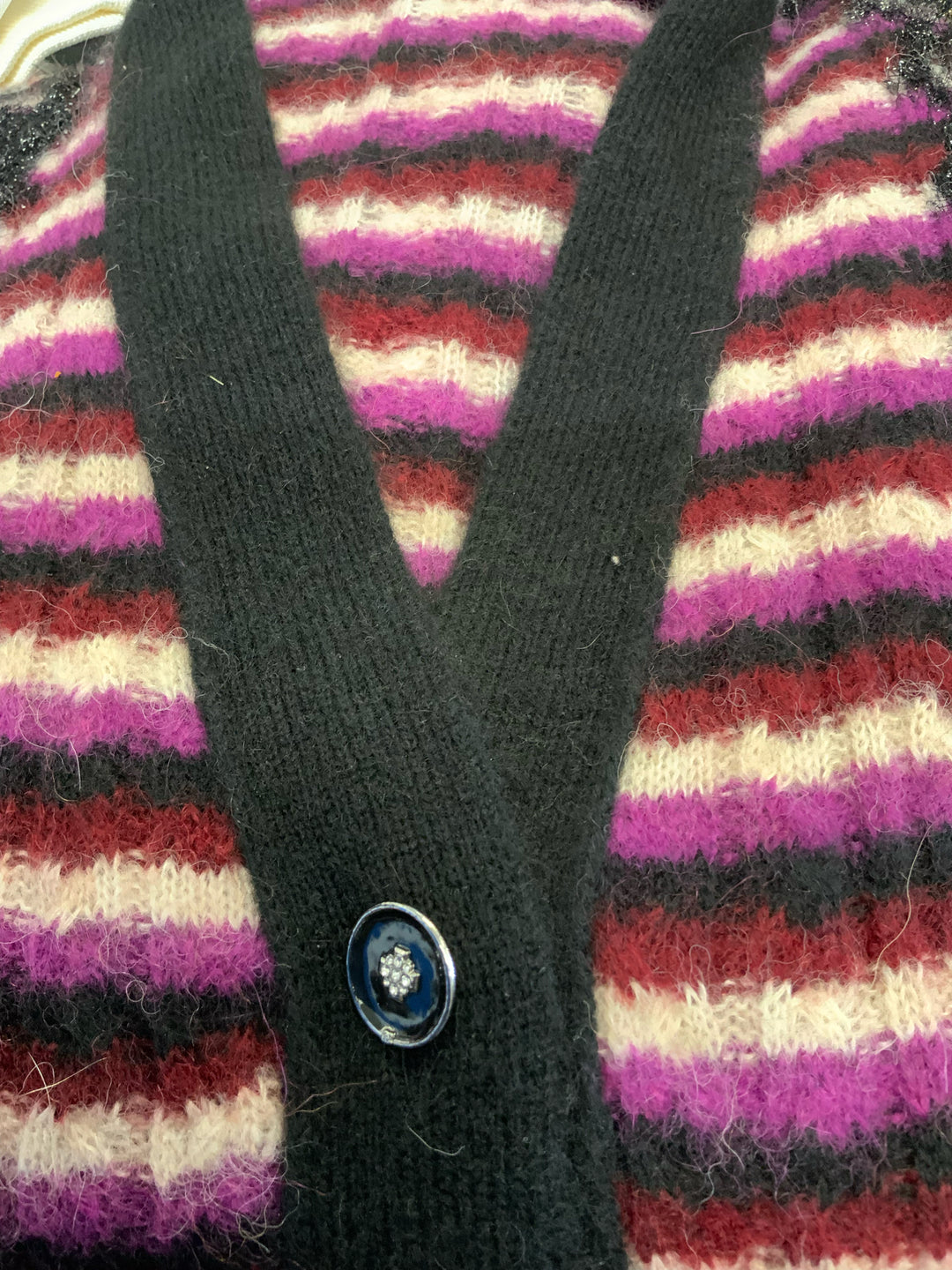 Chanel L/S V Neck Alpaca Striped Black Trim Cardigan Size 34