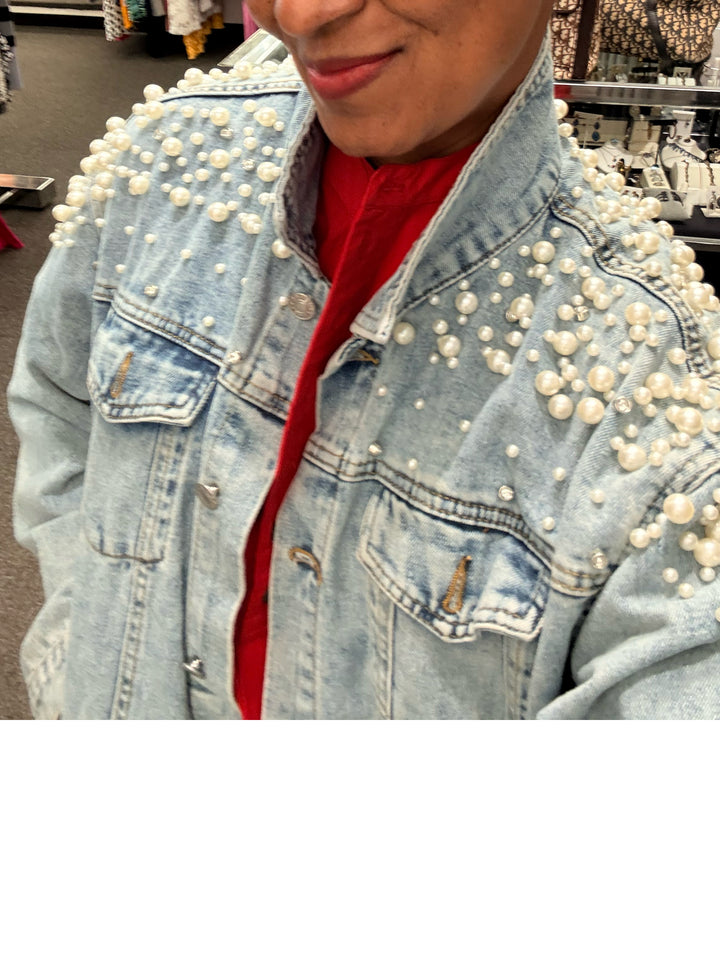 Classic Jacket Vintage Wash Jean Jacket w/ Pearls Sz XL