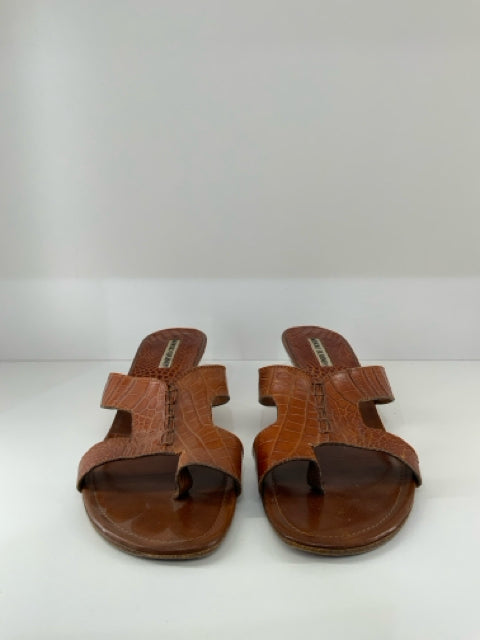 Pre Owned Sz 39 Manolo Blahnik Open-Toe Kitten Heel Shoes featuring a chic crocodile-embossed leather design.