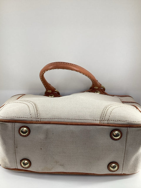 Pre Owned Coach Beige Leather handles w/coach logo and C logo scarf Tote Bag.