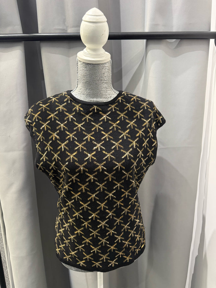 Chanel SS Cap Slv Gold Sequin Print Tpo Size 40
