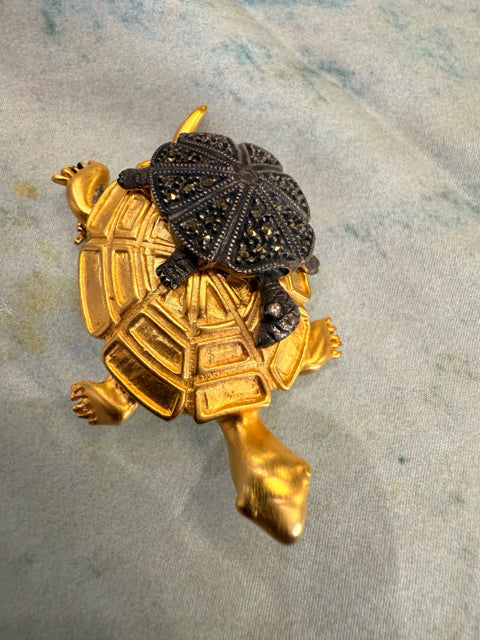 Judith Jack Mama Baby Turtle Pin Gold Plated-Marcasite Pin