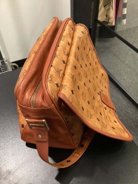 MCM Tan and Black Leather Messenger with gold front buckle Designer Bag