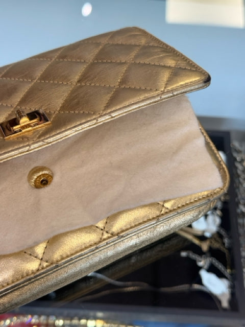 Chanel Metallic Gold Quilted Designer Bag W/ Dustbag