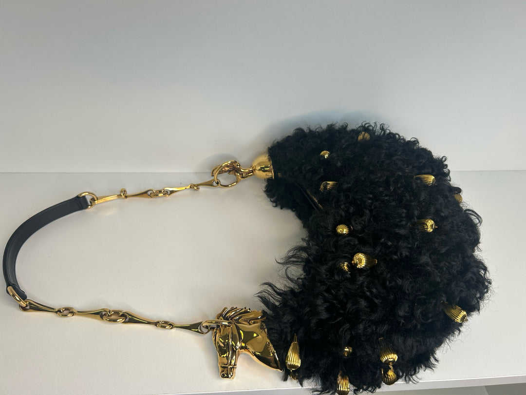 Chloe Chain Black Horse Shoulder Bag in Curly Shearling