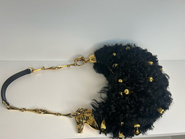 Chloe Chain Black Horse Shoulder Bag in Curly Shearling