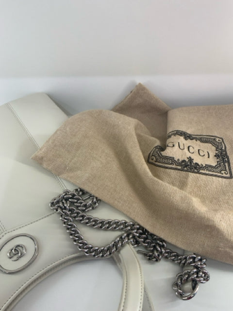 Pre Owned Gucci Chalk White Medium GG Tote w Chain Shoulder Strap Designer Bag