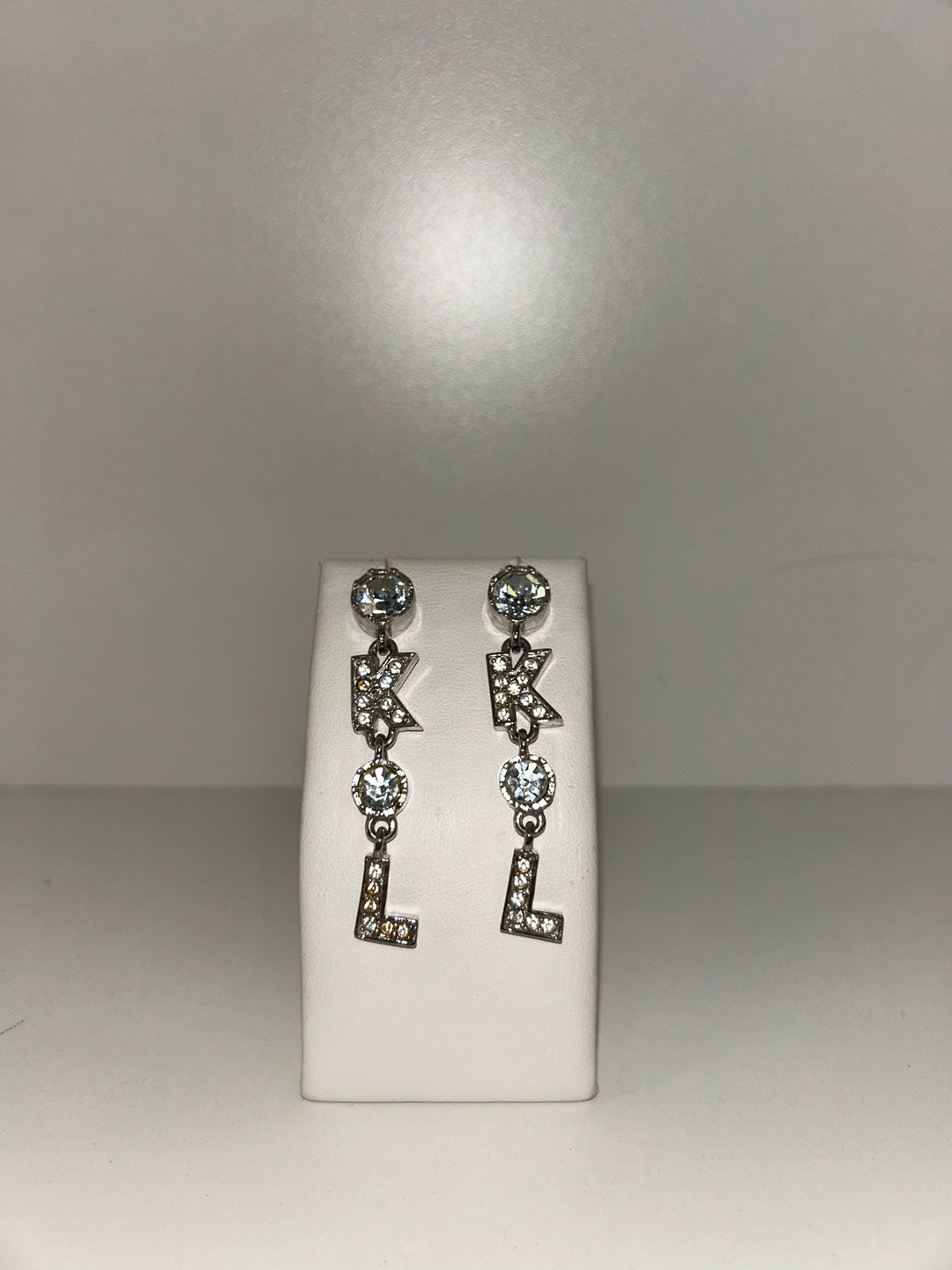 Vintage Karl Lagerfeld Pierced 2" Rhinestone K.L Dangle Earrings
