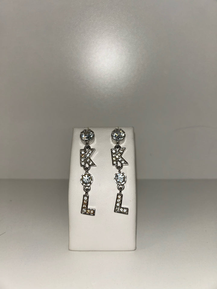 Vintage Karl Lagerfeld Pierced 2" Rhinestone K.L Dangle Earrings