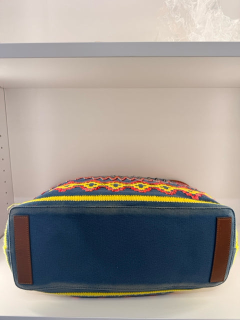 Pre Owned Tory Burch Medium Woven Handle Crochet Denim & Multi Color Tote