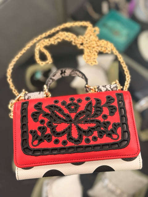 Pre Owned Dolce & Gabana Red, Black and White Leather Mini Designer Bag W/ Dustbag