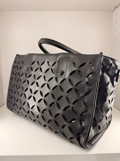 Pre Owned Versace Designer Palazzo Perforated Leather Tote with Shoulder Strap with Madusa Hardware Runway Designer
