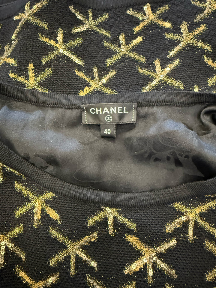 Chanel SS Cap Slv Gold Sequin Print Tpo Size 40