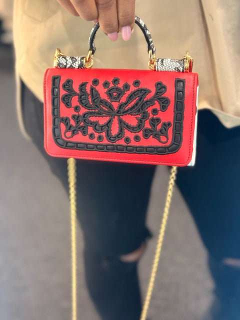 Pre Owned Dolce & Gabana Red, Black and White Leather Mini Designer Bag W/ Dustbag