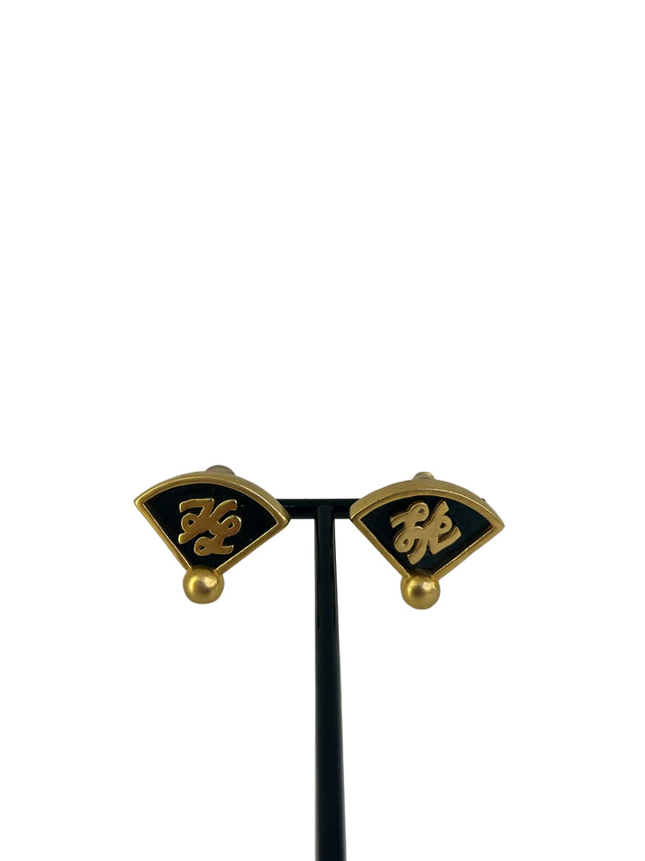 Vintage Karl Lagerfeld Gold Fan Earrings w/ KL