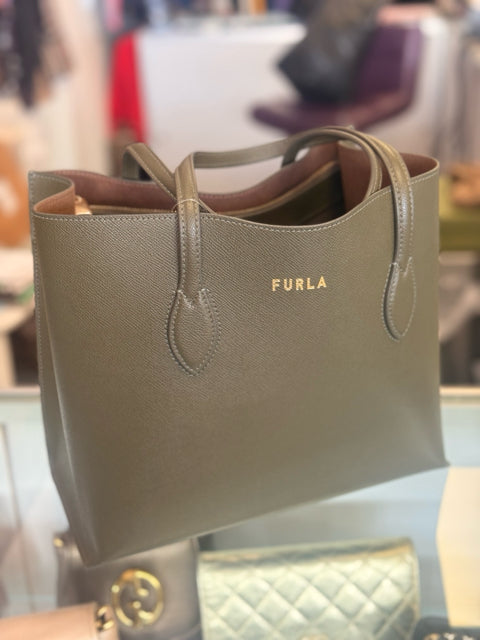 Pre Loved Furla Olive Leather Tote Bag.