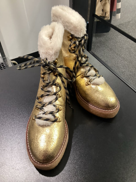 J Crew Sz 9.5 Gold Crackled Leather w/ Faux Fur Trim Boots  Shoes