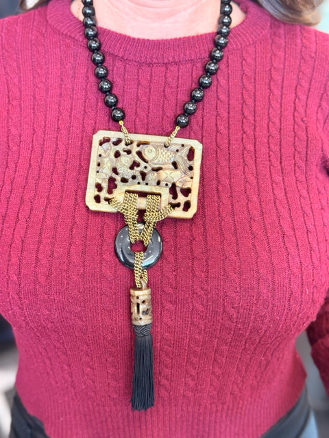 Heidi Daus Asian inspired Black Beads & tassle Fish Jadeite Fish Carving Necklace