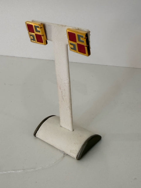 Givenchy Gold VTG Square G Salmon/Gray PARIS/NEW YORK 1978 Designer Earrings