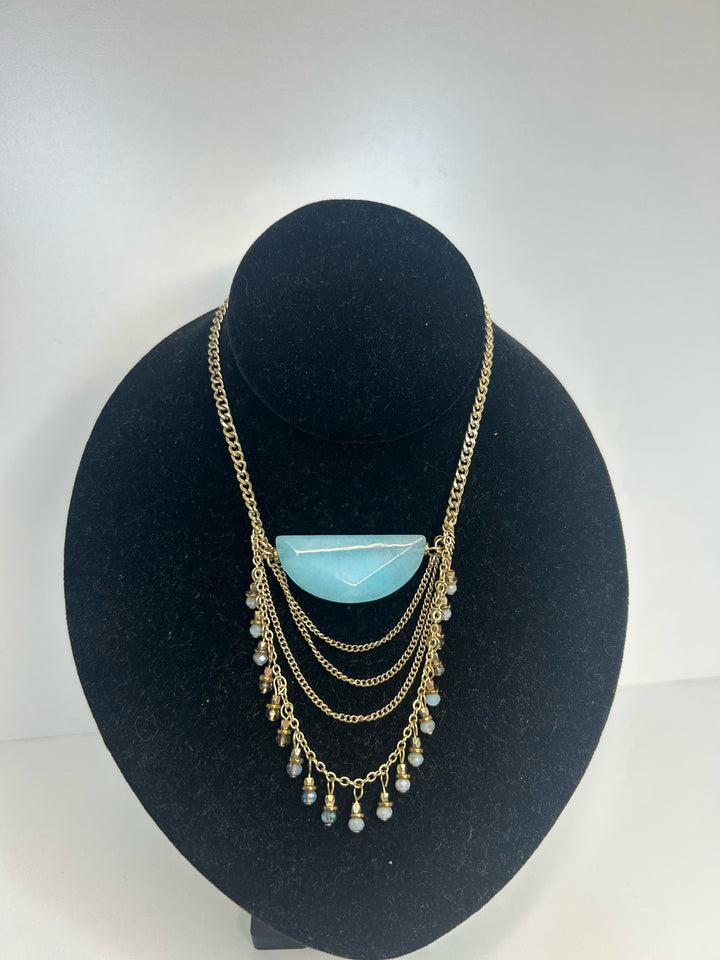 Vintage Gold Chain w/ Blue Half Circle Stone Necklace