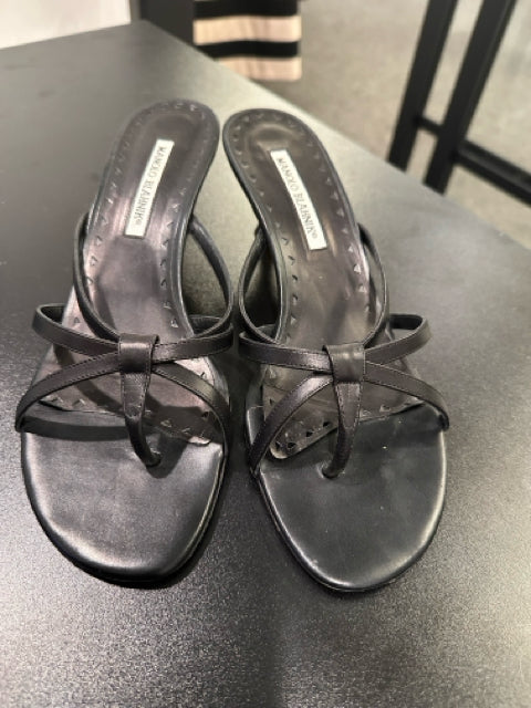Manolo Blahnik Sz 39 Black Kitten Heel Sandals Shoe
