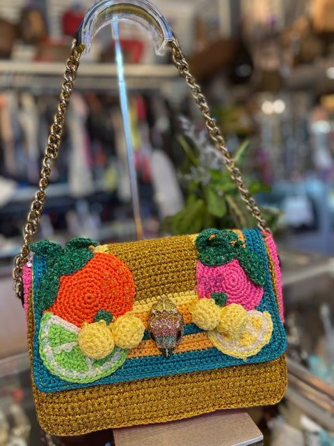 Kurt Geiger Crochet Handbag Flowers Bird Colorful