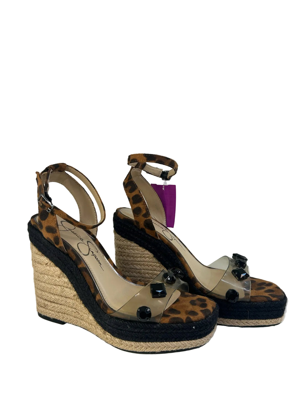 Jessica Simpson Open Toe Clear w Black Stone Wedge Sandals Sz 6