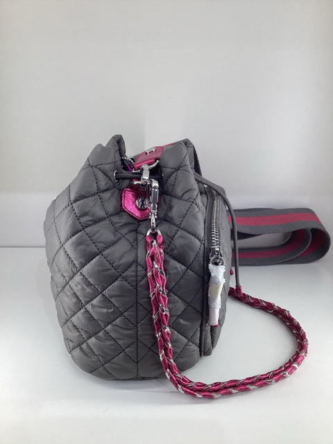 NWT Mz Wallace Medium Nylon Greyw/ Pink Accents Cross Body Bucket Bag.