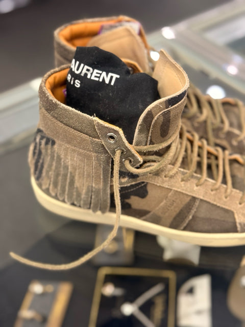 Saint Laurent Sz 7 Camo Suede Fringe Sneakers w/ Dustbag