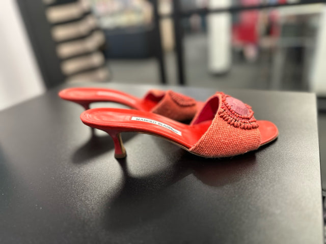Manolo Blahnik Sz 39 Orange Kitten Heels Sandals Shoe