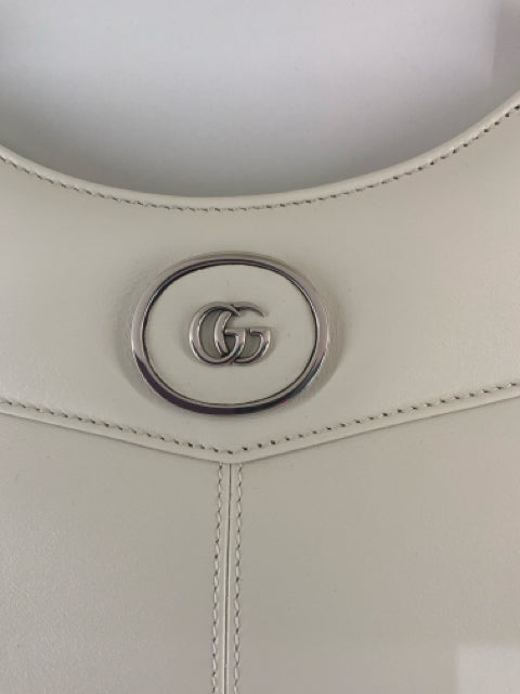 Pre Owned Gucci Chalk White Medium GG Tote w Chain Shoulder Strap Designer Bag