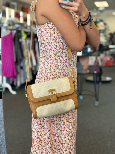 Gucci Vintage GG Cream Micro Guccissima w Tan Leather Crossbody Mini Tote Handbag