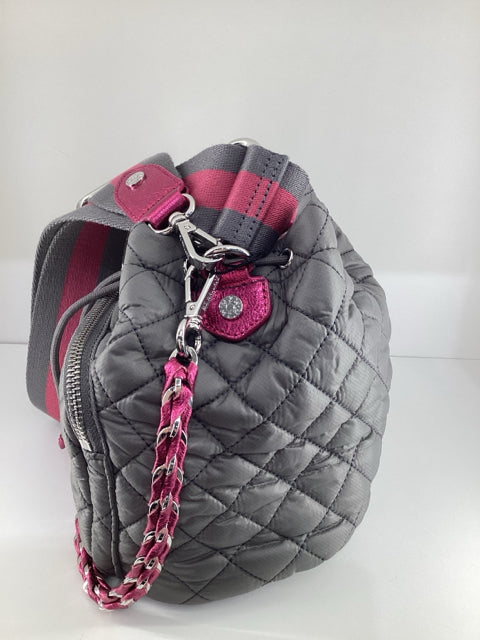 NWT Mz Wallace Medium Nylon Greyw/ Pink Accents Cross Body Bucket Bag.