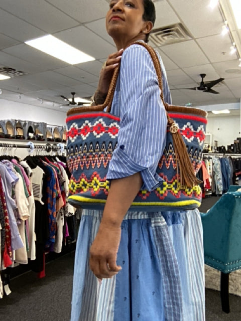 Pre Owned Tory Burch Medium Woven Handle Crochet Denim & Multi Color Tote