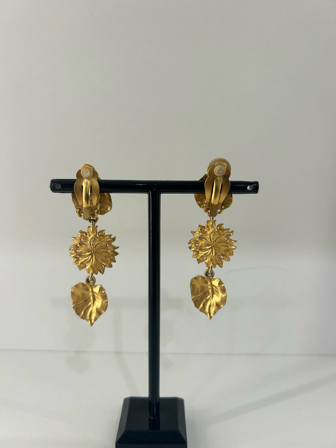 Vintage Karl Lagerfeld Clip On Matte Gold 2" Double Leaf Earrings