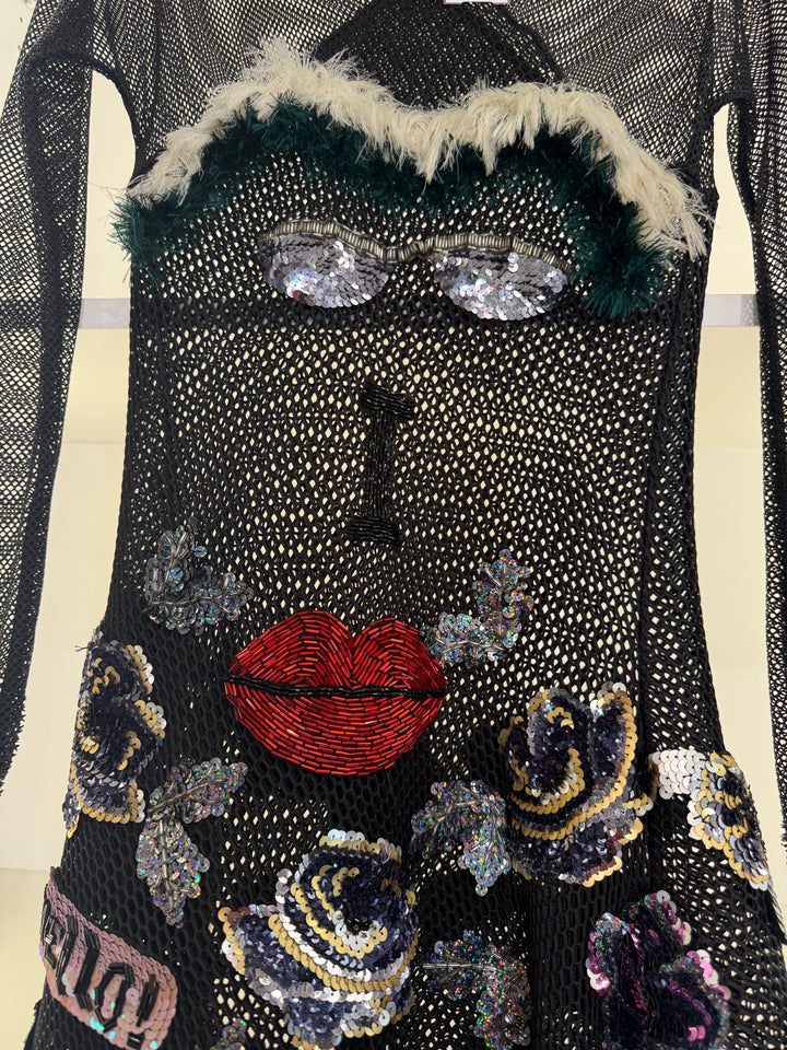 OLGA ANDREEVALS sheer mesh 3D sequin/applique face RUNWAY Dress