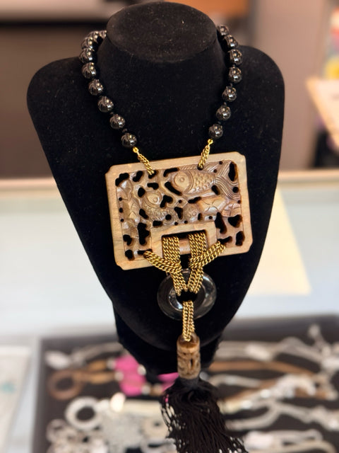 Heidi Daus Asian inspired Black Beads & tassle Fish Jadeite Fish Carving Necklace