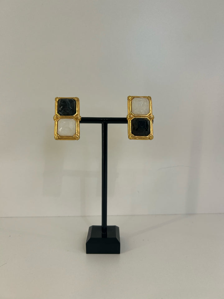 Vintage Karl Lagerfeld Clip On 1.5" Square Stone Earrings