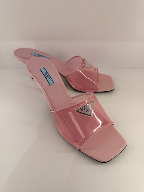 NIB Prada Sz 39.5 Alabastro Plexi & Patent Slide Mule Kitten Heel Shoe Pre Loved
