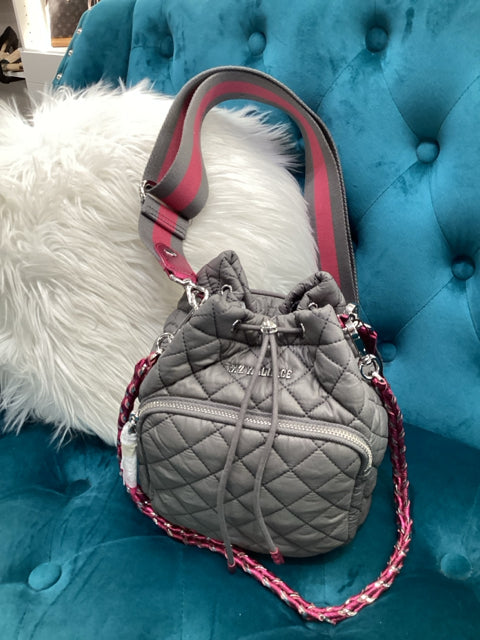 NWT Mz Wallace Medium Nylon Greyw/ Pink Accents Cross Body Bucket Bag.
