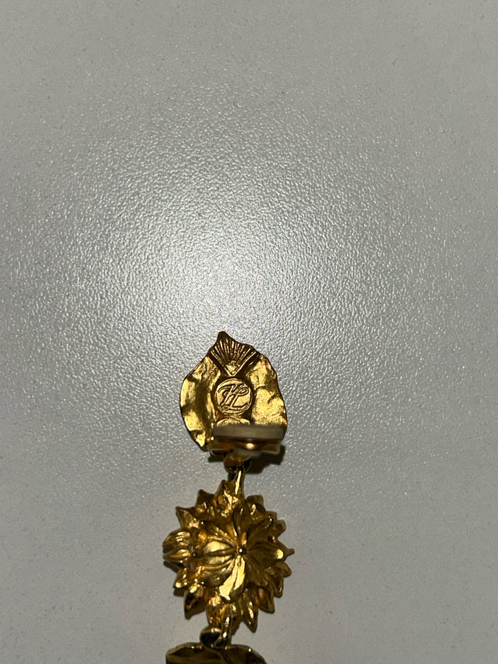 Vintage Karl Lagerfeld Clip On Matte Gold 2" Double Leaf Earrings