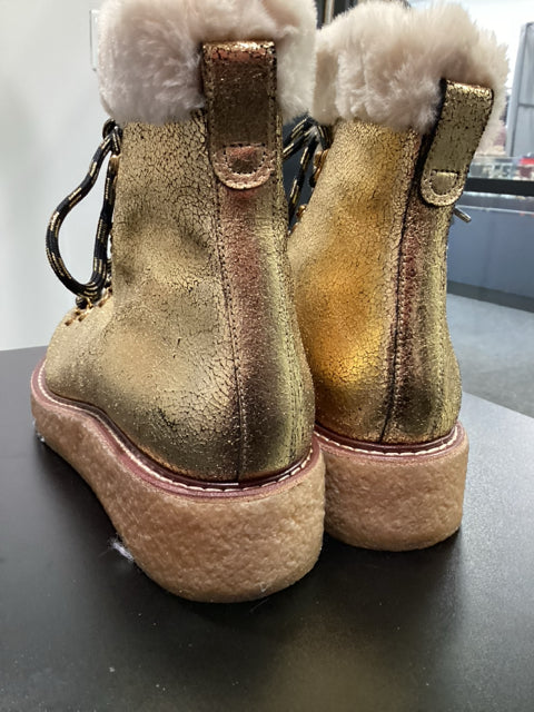 J Crew Sz 9.5 Gold Crackled Leather w/ Faux Fur Trim Boots  Shoes