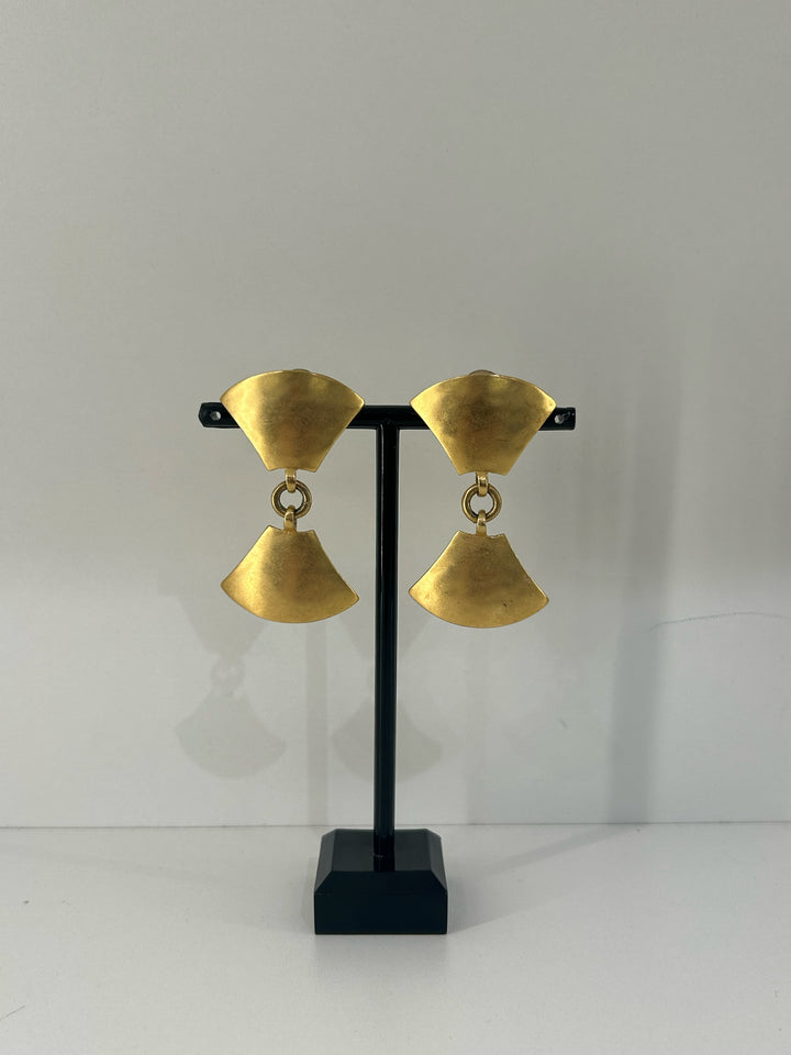 Vintage Karl Lagerfeld Clip matte Gold FAN dangle Earrings