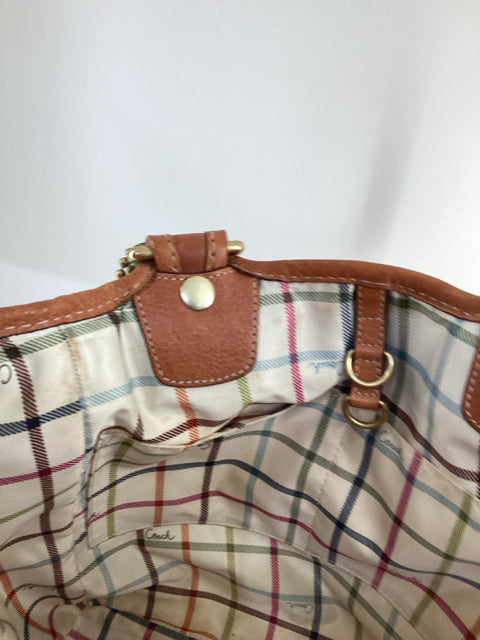 Pre Owned Coach Beige Leather handles w/coach logo and C logo scarf Tote Bag.