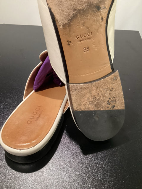 Pre Owned Gucci Sz 38 Cream Horsebit Mules Shoes