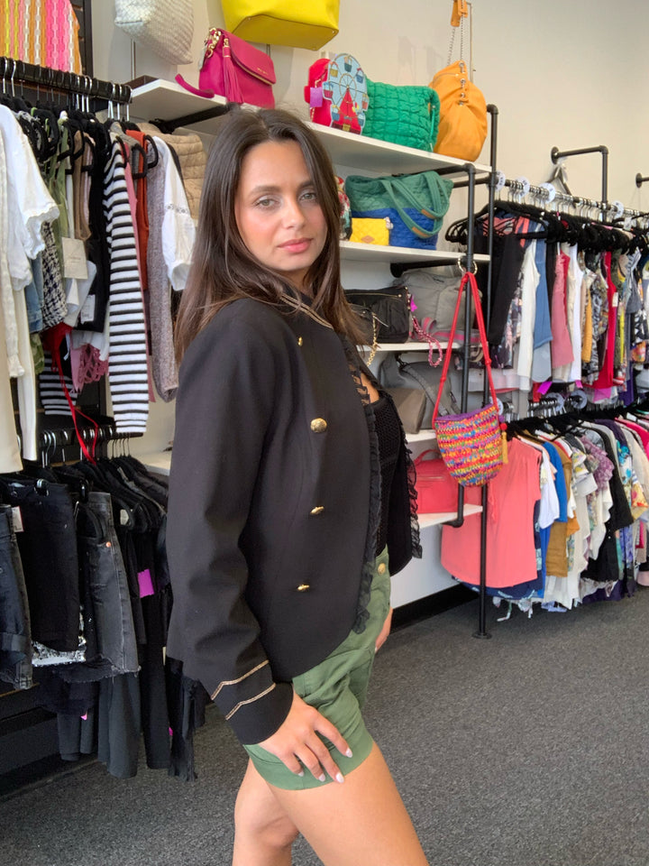 Allen Schwartz Military Style Frill Front Blazer