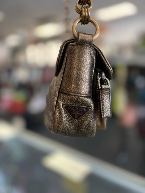 Prada Shoulder Bag Leather Metallic Bronze w/ Dust Bag