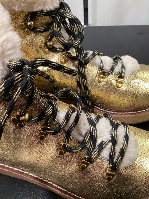 J Crew Sz 9.5 Gold Crackled Leather w/ Faux Fur Trim Boots  Shoes